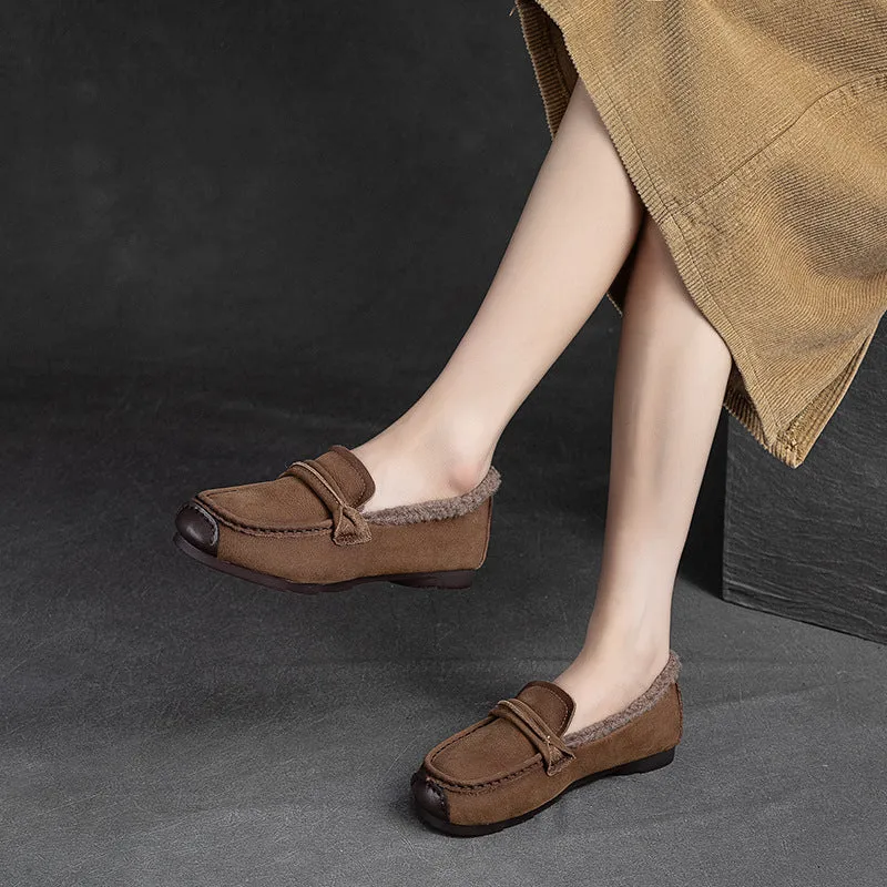 Women Retro Leather Flat Furred Winter Loafers
