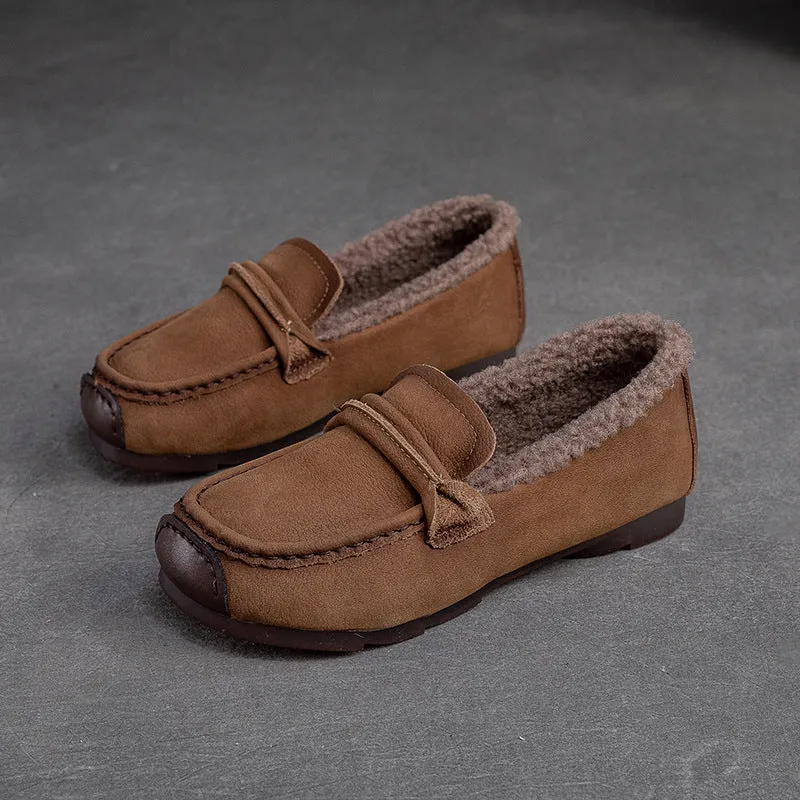 Women Retro Leather Flat Furred Winter Loafers