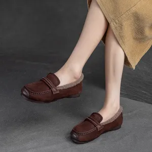 Women Retro Leather Flat Furred Winter Loafers
