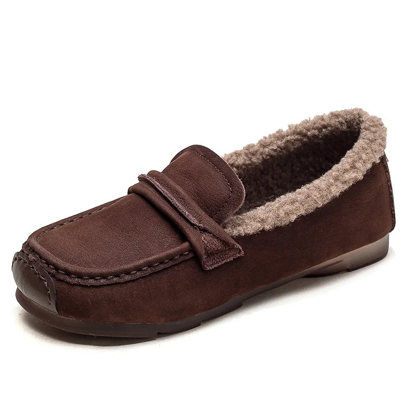 Women Retro Leather Flat Furred Winter Loafers