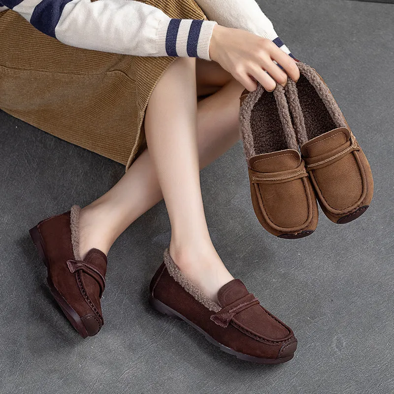 Women Retro Leather Flat Furred Winter Loafers