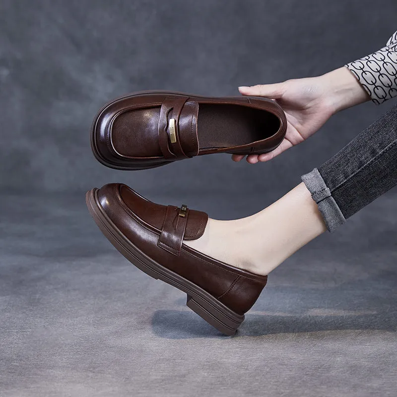 Women Retro Solid Leather Casual Loafers