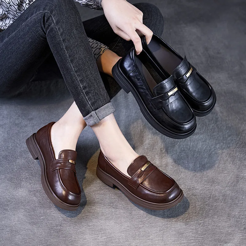 Women Retro Solid Leather Casual Loafers