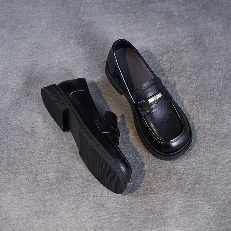 Women Retro Solid Leather Casual Loafers