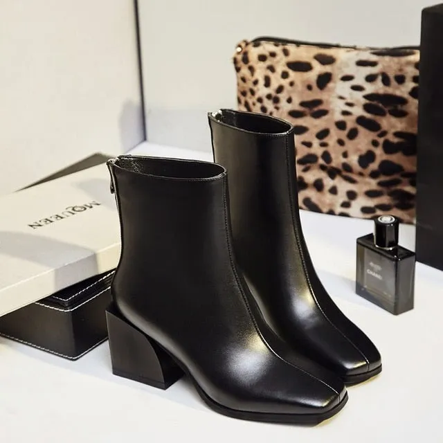 women shoes newest genuine leather high quality high square heel zipper square toe fashion black and white ankle boots