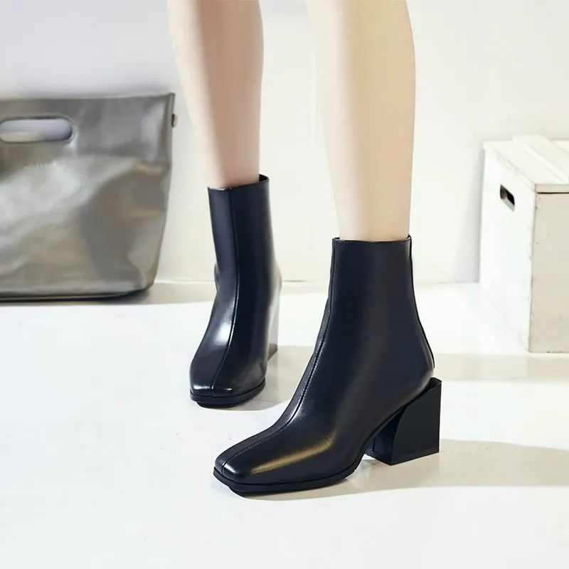 women shoes newest genuine leather high quality high square heel zipper square toe fashion black and white ankle boots
