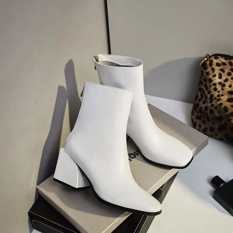 women shoes newest genuine leather high quality high square heel zipper square toe fashion black and white ankle boots
