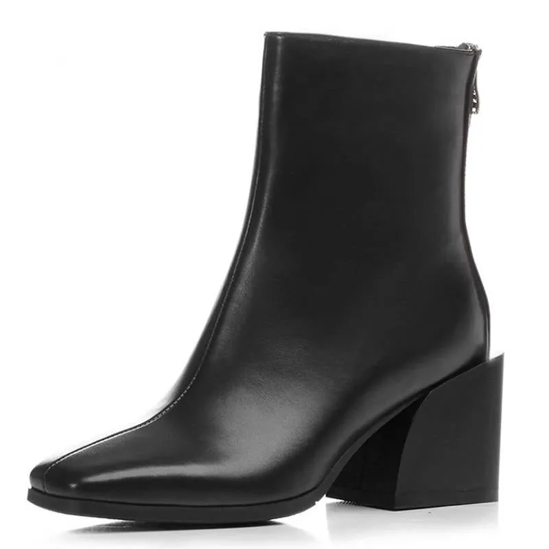 women shoes newest genuine leather high quality high square heel zipper square toe fashion black and white ankle boots