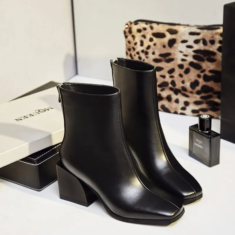 women shoes newest genuine leather high quality high square heel zipper square toe fashion black and white ankle boots