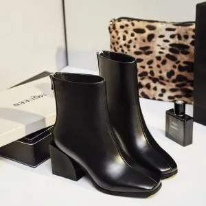 women shoes newest genuine leather high quality high square heel zipper square toe fashion black and white ankle boots