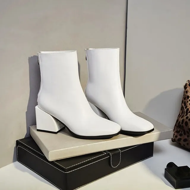women shoes newest genuine leather high quality high square heel zipper square toe fashion black and white ankle boots