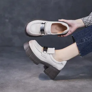 Women Simple Solid Leather Chunky Heel Loafers