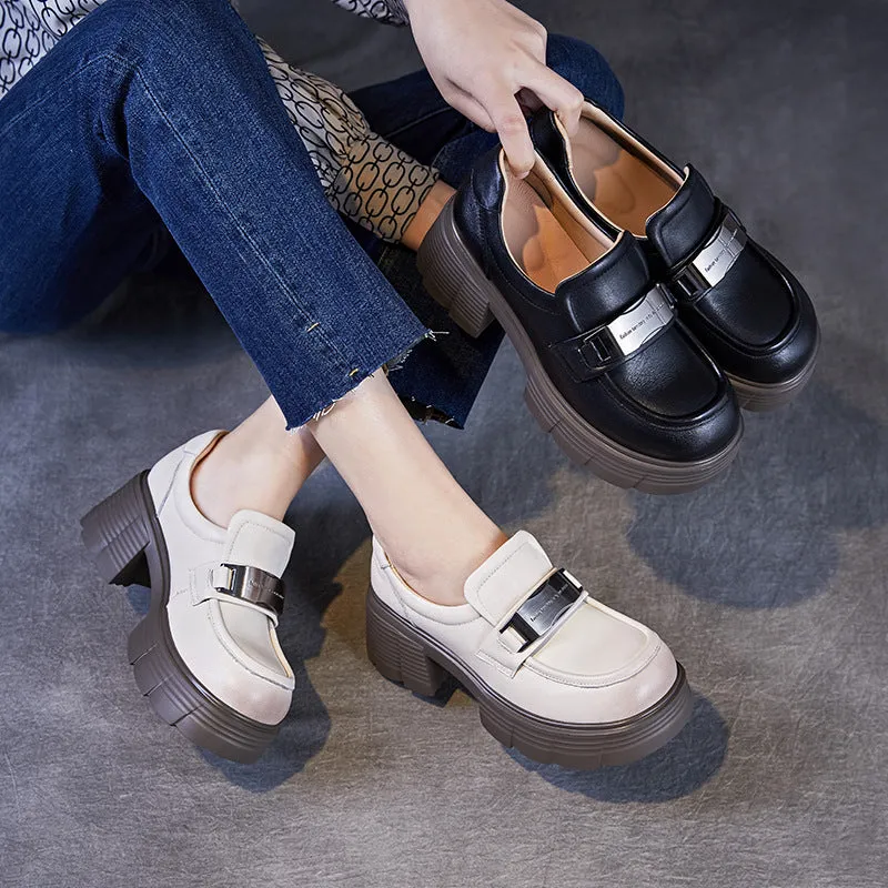 Women Simple Solid Leather Chunky Heel Loafers