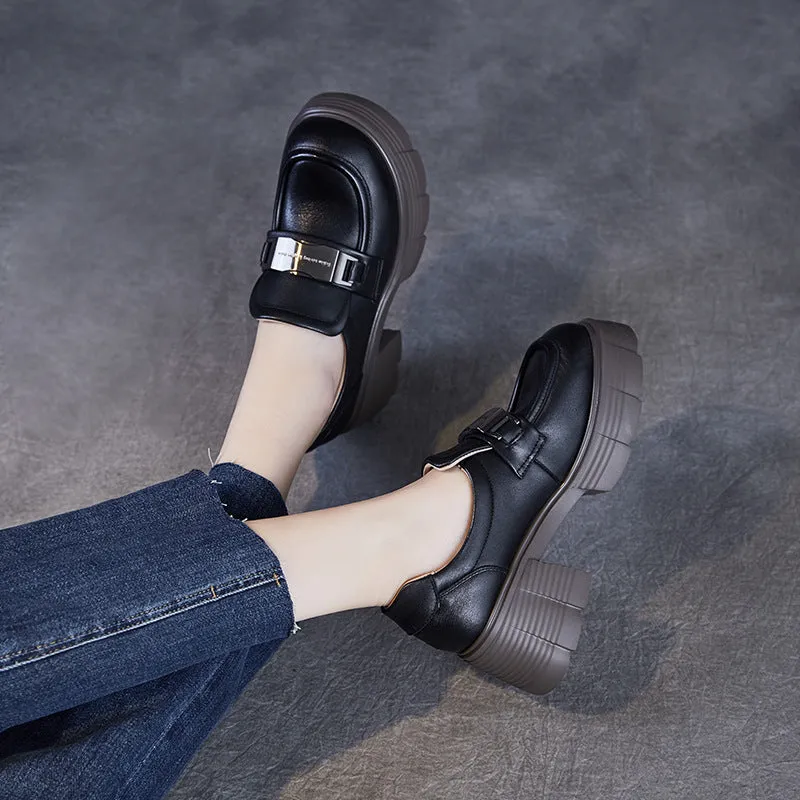 Women Simple Solid Leather Chunky Heel Loafers