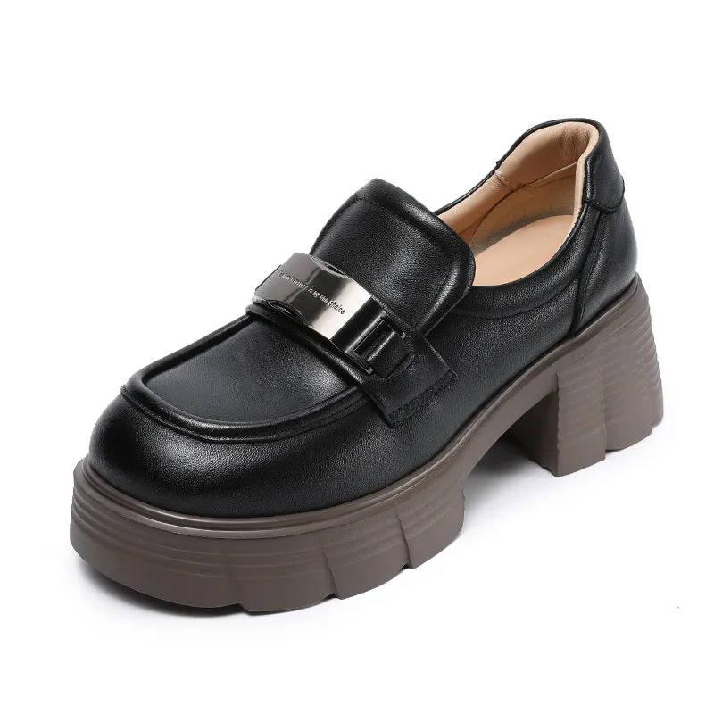 Women Simple Solid Leather Chunky Heel Loafers