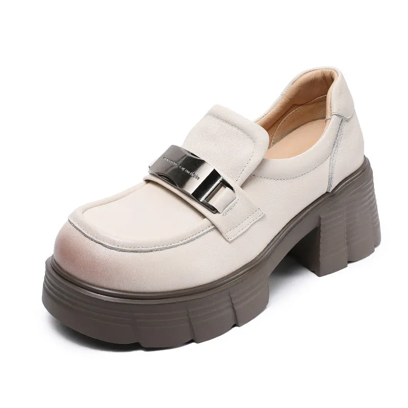 Women Simple Solid Leather Chunky Heel Loafers