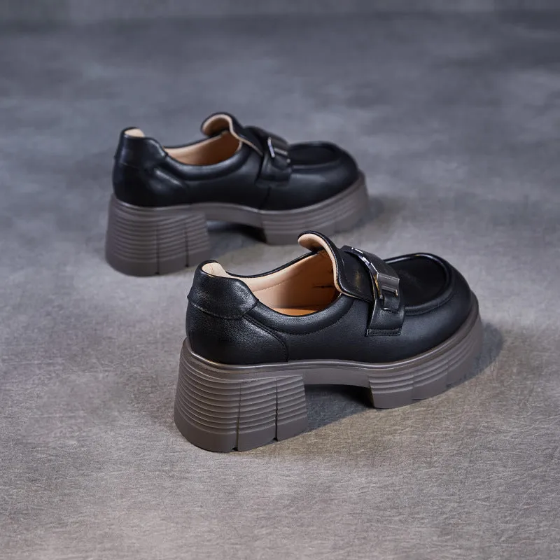 Women Simple Solid Leather Chunky Heel Loafers