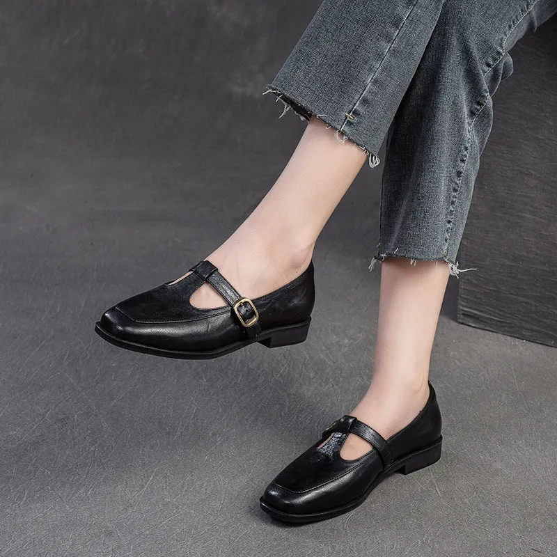 Women T-Strap Retro Leather Casual Loafers
