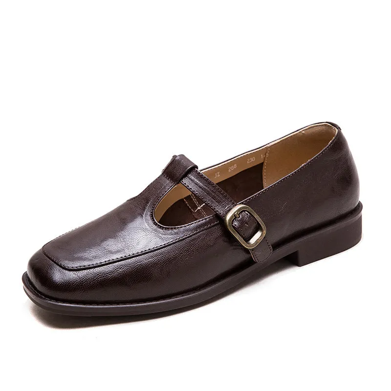 Women T-Strap Retro Leather Casual Loafers