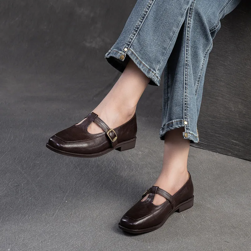 Women T-Strap Retro Leather Casual Loafers
