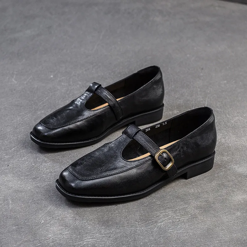 Women T-Strap Retro Leather Casual Loafers