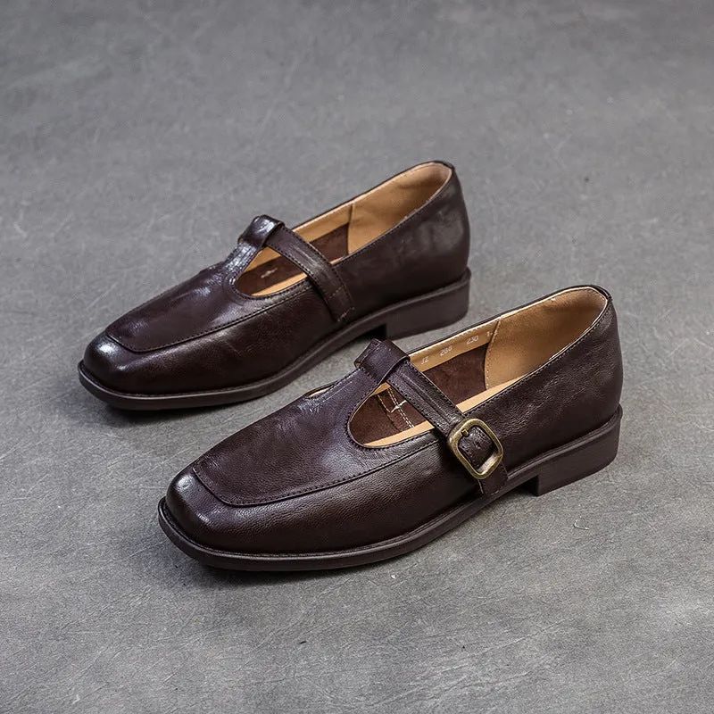 Women T-Strap Retro Leather Casual Loafers