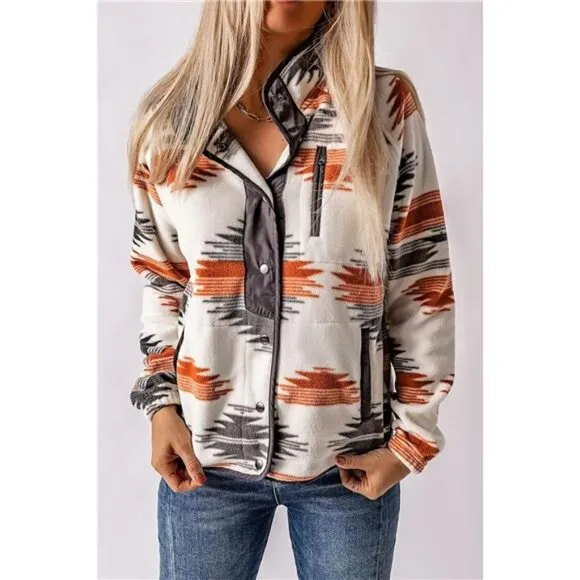 Women's Fleece‎ Jacket Western Aztec Print Snap Button Down Shacket with Pockets