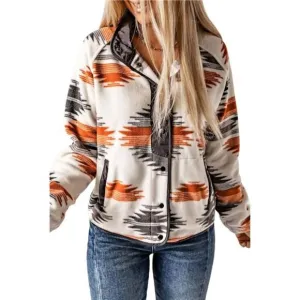 Women's Fleece‎ Jacket Western Aztec Print Snap Button Down Shacket with Pockets