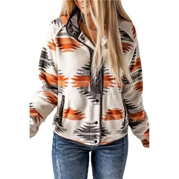 Women's Fleece‎ Jacket Western Aztec Print Snap Button Down Shacket with Pockets