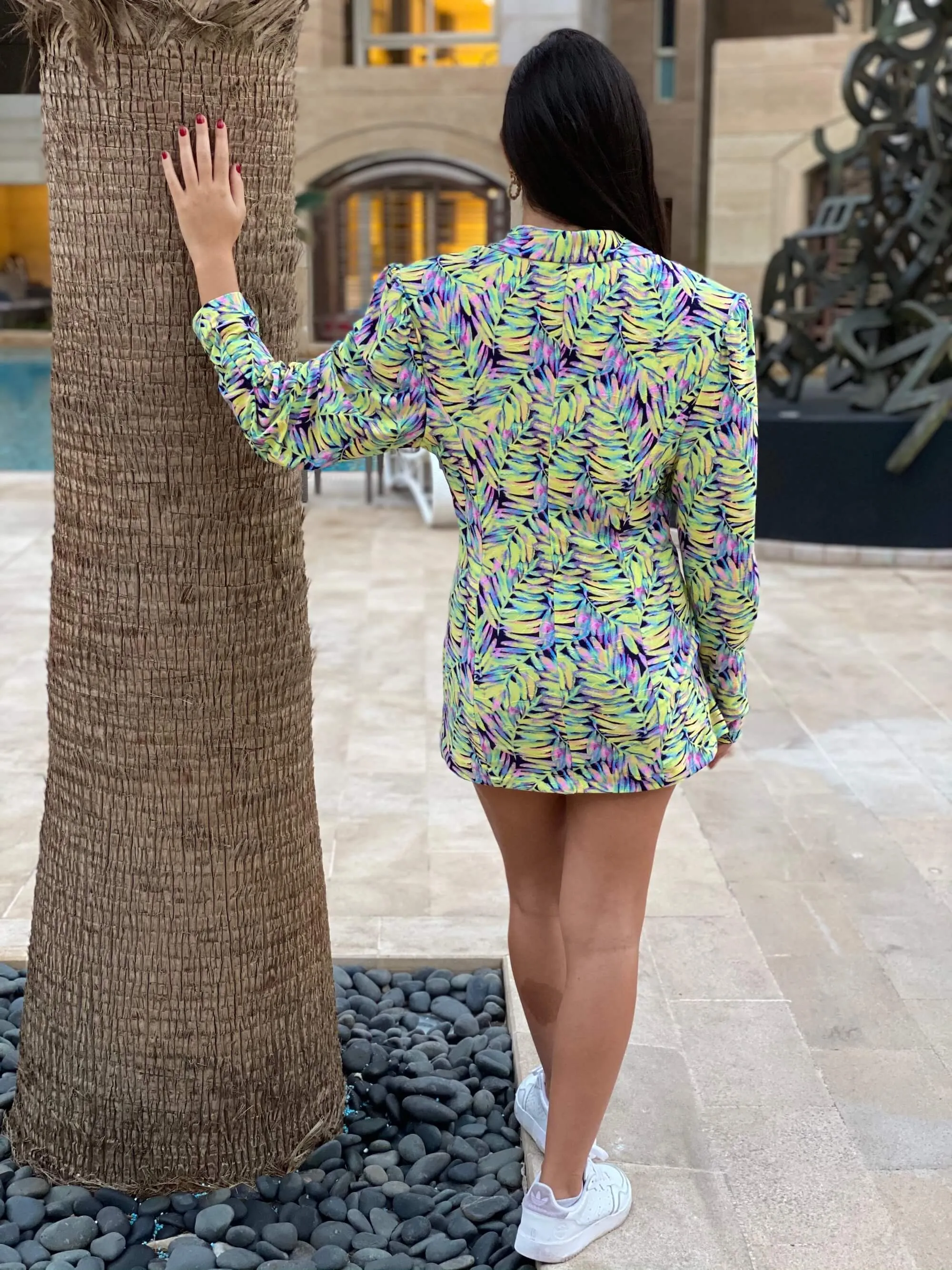 Yellow and Purple Leaf Print Fitted Jacket